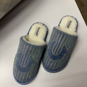 True Religion Blue Rhinestone Slippers with Faux Fur Lining